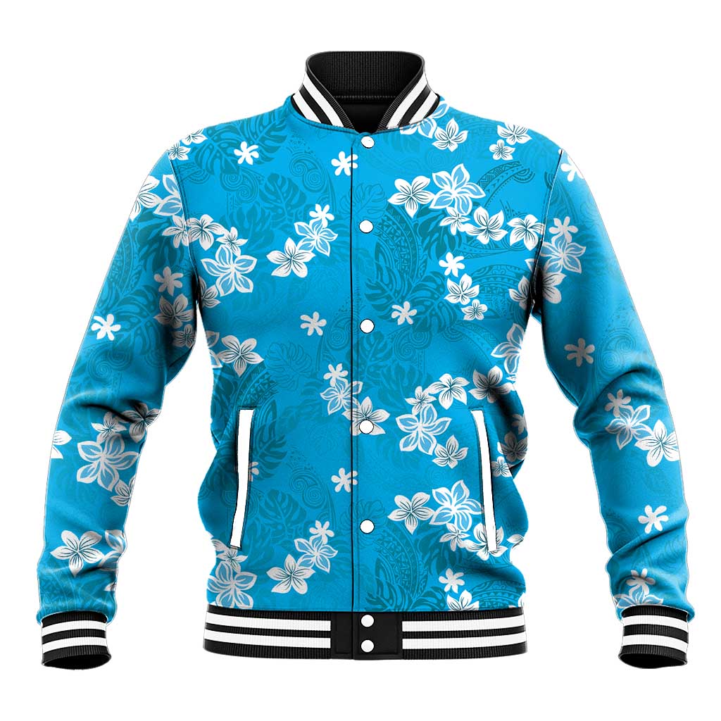 Hawaii Monstera Deliciosa Baseball Jacket Blue Plumeria Polynesian Pattern - Polynesian Pride