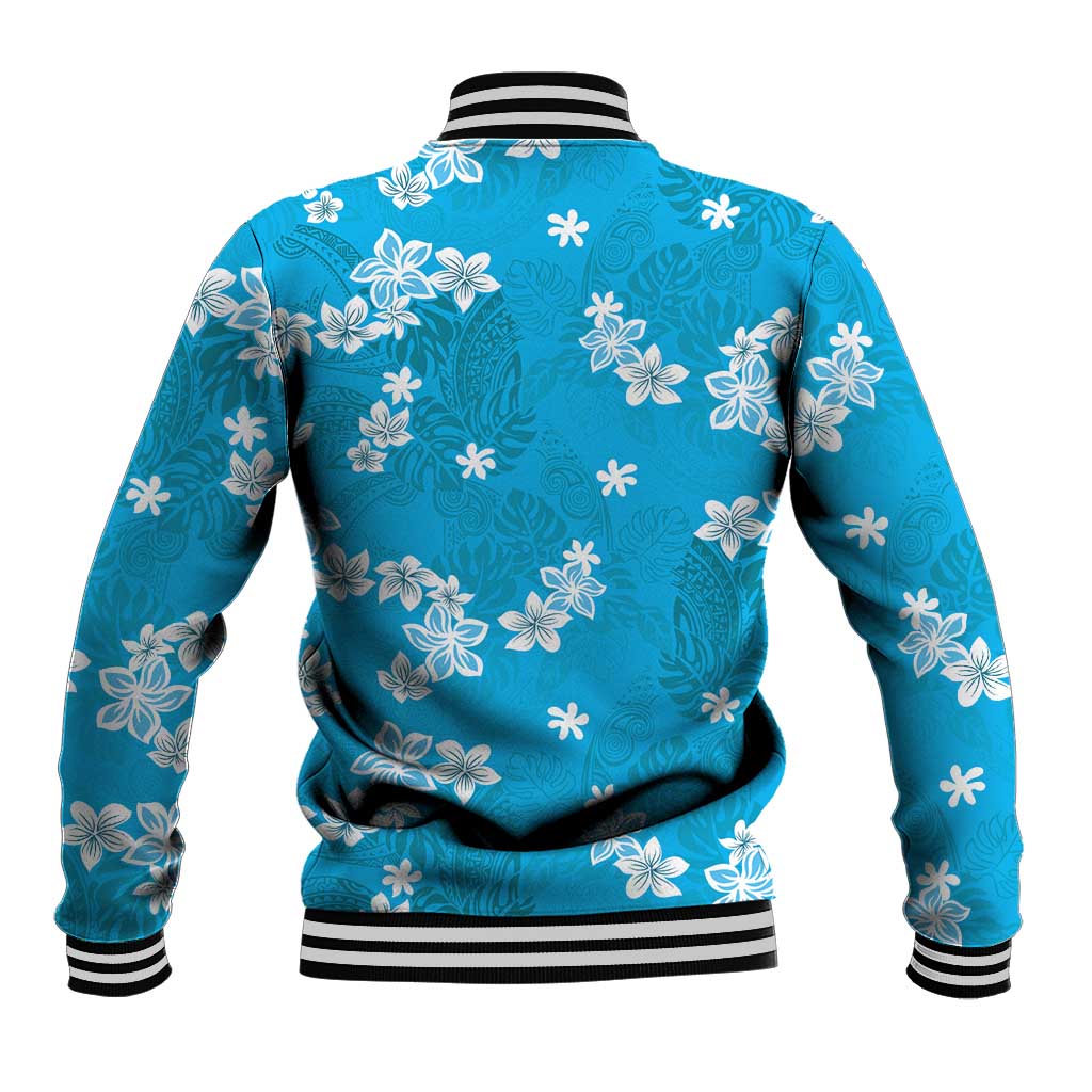 Hawaii Monstera Deliciosa Baseball Jacket Blue Plumeria Polynesian Pattern - Polynesian Pride