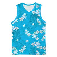 Hawaii Monstera Deliciosa Basketball Jersey Blue Plumeria Polynesian Pattern - Polynesian Pride
