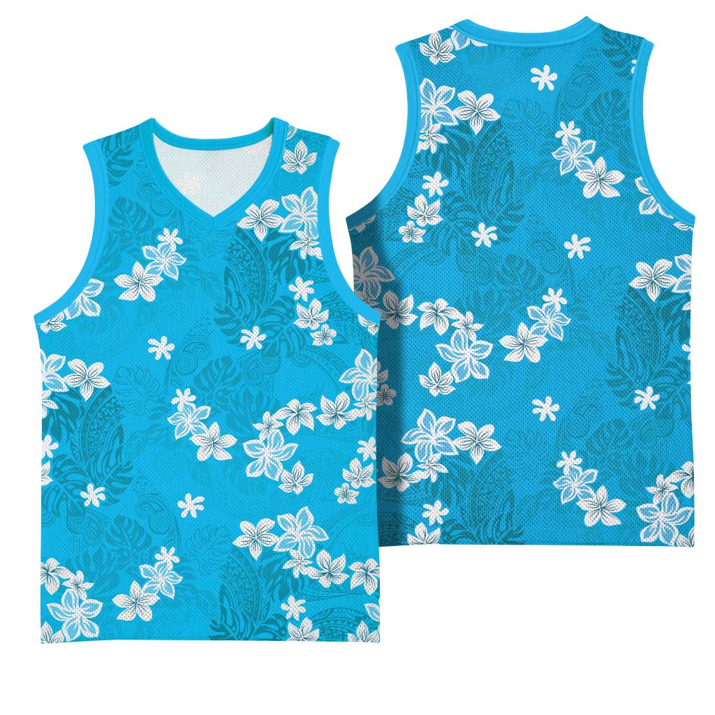 Hawaii Monstera Deliciosa Basketball Jersey Blue Plumeria Polynesian Pattern - Polynesian Pride
