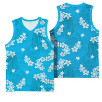 Hawaii Monstera Deliciosa Basketball Jersey Blue Plumeria Polynesian Pattern - Polynesian Pride