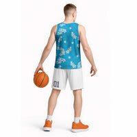 Hawaii Monstera Deliciosa Basketball Jersey Blue Plumeria Polynesian Pattern - Polynesian Pride