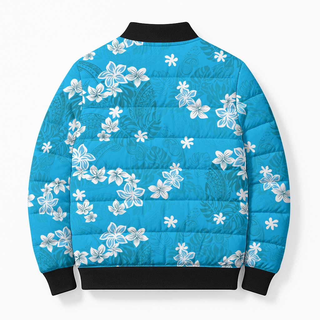 Hawaii Monstera Deliciosa Bomber Puffer Jacket Blue Plumeria Polynesian Pattern - Polynesian Pride