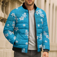 Hawaii Monstera Deliciosa Bomber Puffer Jacket Blue Plumeria Polynesian Pattern - Polynesian Pride