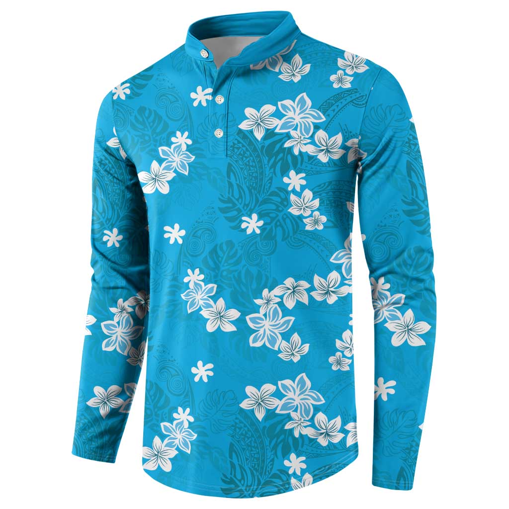 Hawaii Monstera Deliciosa Button Sweatshirt Blue Plumeria Polynesian Pattern - Polynesian Pride