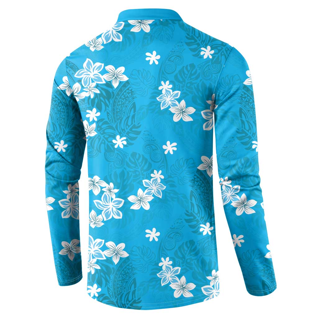 Hawaii Monstera Deliciosa Button Sweatshirt Blue Plumeria Polynesian Pattern - Polynesian Pride