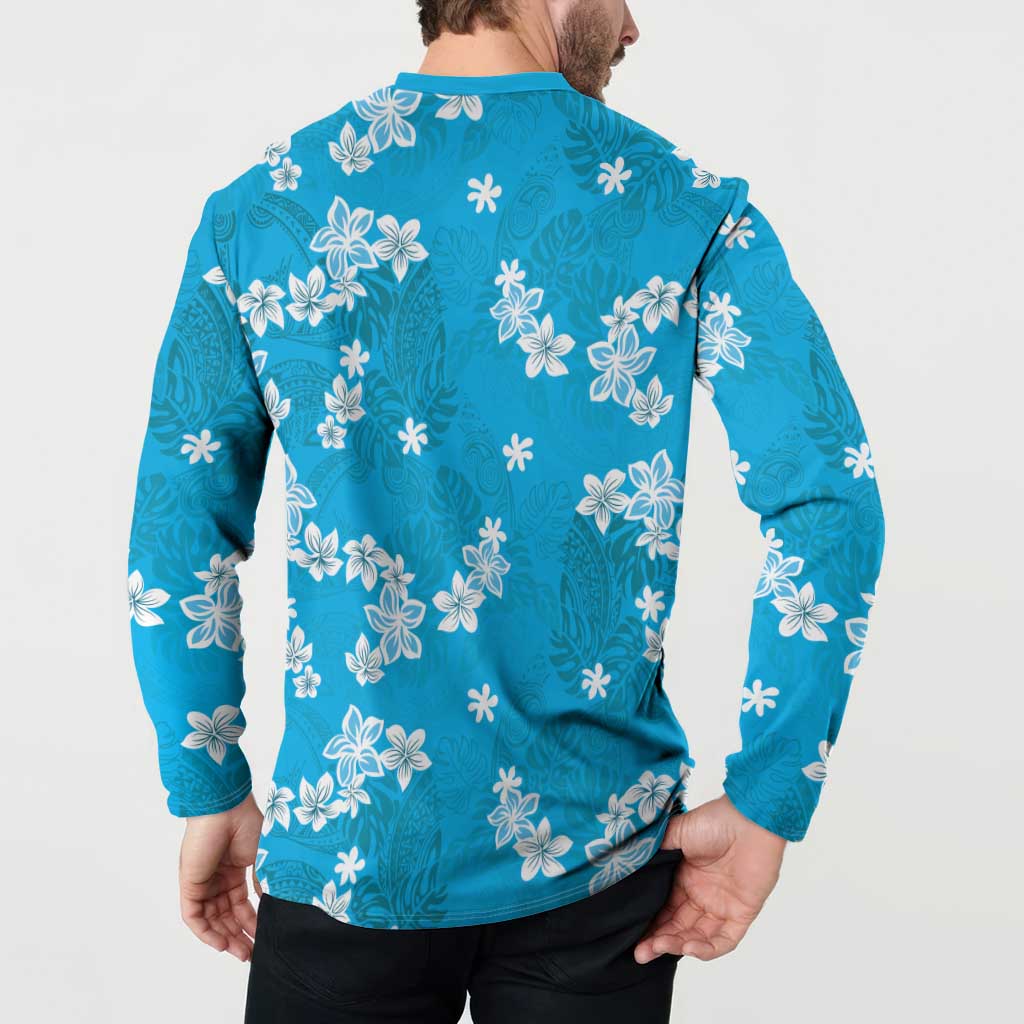 Hawaii Monstera Deliciosa Button Sweatshirt Blue Plumeria Polynesian Pattern - Polynesian Pride