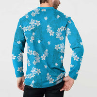 Hawaii Monstera Deliciosa Button Sweatshirt Blue Plumeria Polynesian Pattern - Polynesian Pride