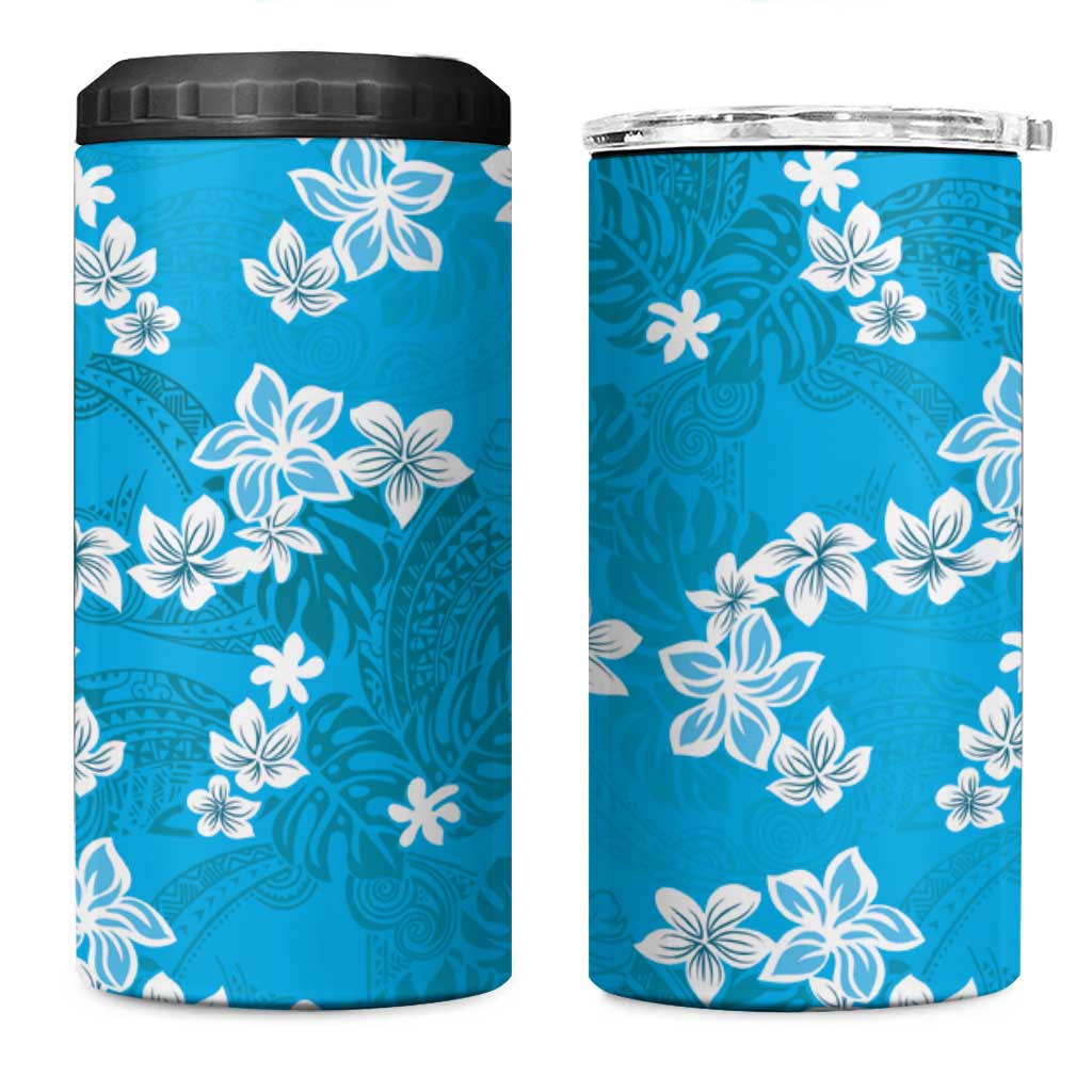 Hawaii Monstera Deliciosa 4 in 1 Can Cooler Tumbler Blue Plumeria Polynesian Pattern - Polynesian Pride