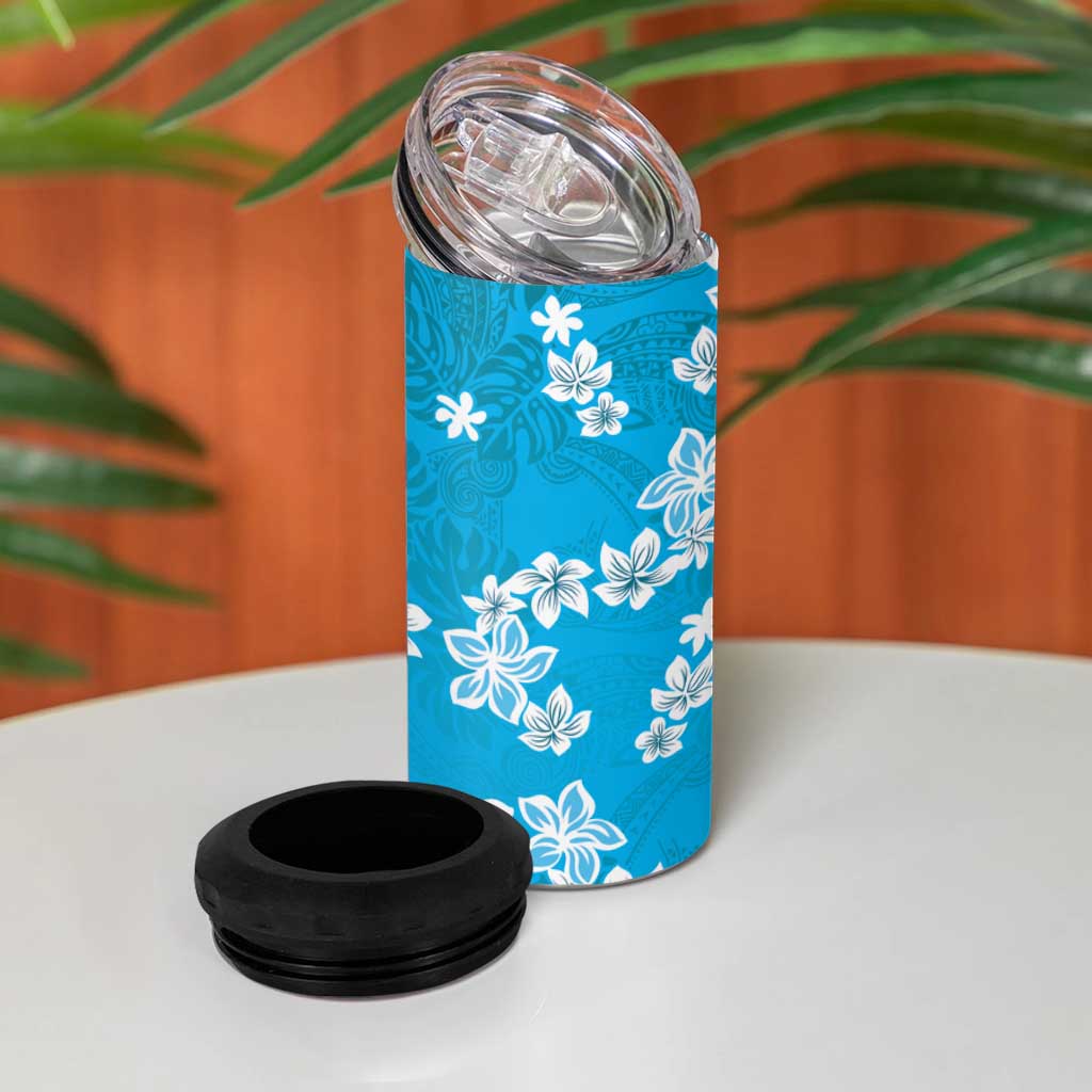 Hawaii Monstera Deliciosa 4 in 1 Can Cooler Tumbler Blue Plumeria Polynesian Pattern - Polynesian Pride