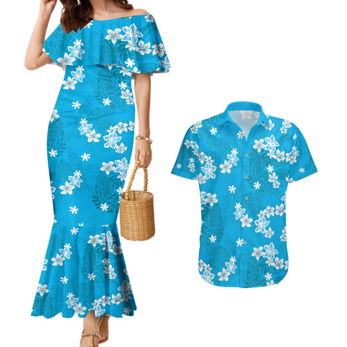 Hawaii Monstera Deliciosa Couples Matching Mermaid Dress and Hawaiian Shirt Blue Plumeria Polynesian Pattern - Polynesian Pride