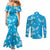 Hawaii Monstera Deliciosa Couples Matching Mermaid Dress and Long Sleeve Button Shirt Blue Plumeria Polynesian Pattern - Polynesian Pride