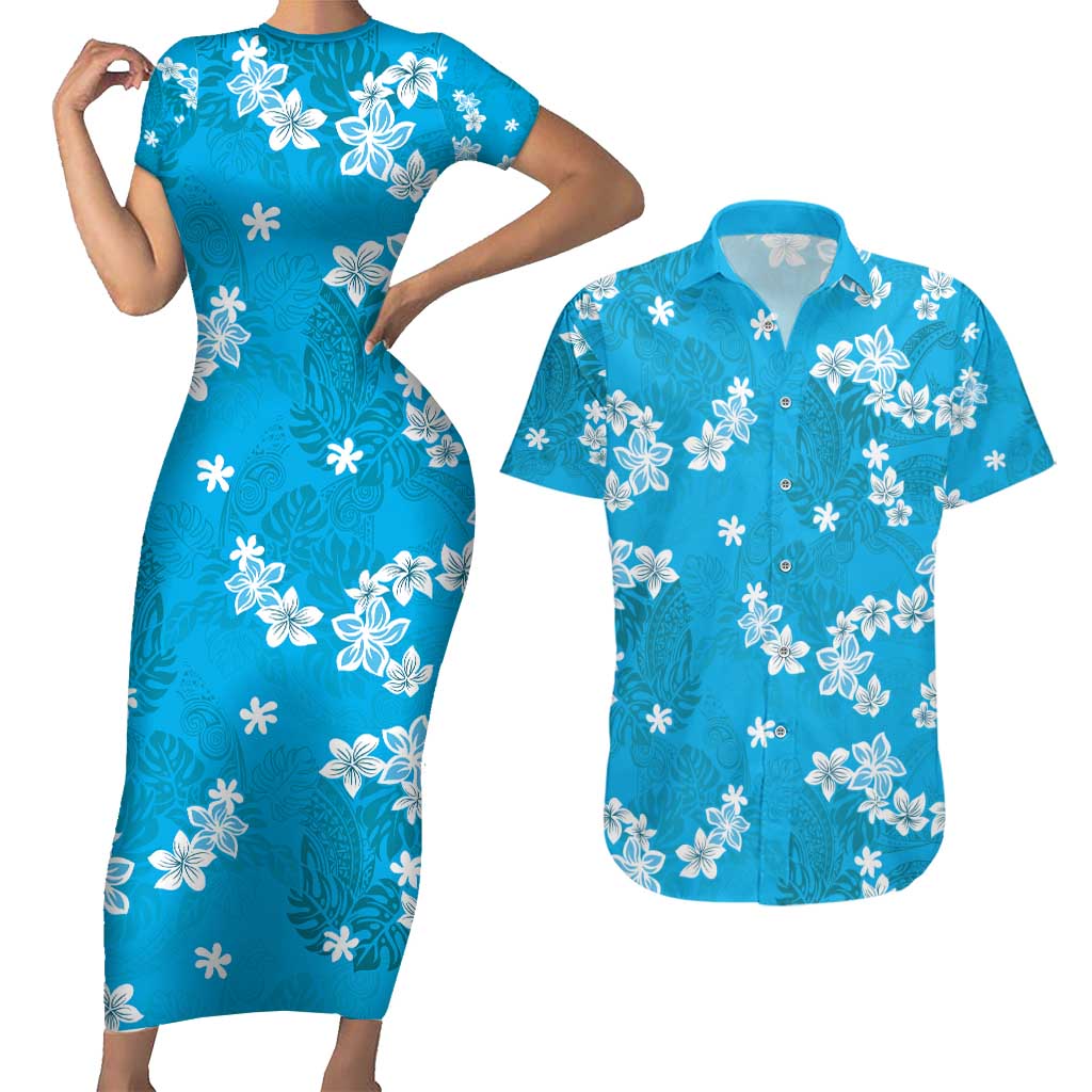 Hawaii Monstera Deliciosa Couples Matching Short Sleeve Bodycon Dress and Hawaiian Shirt Blue Plumeria Polynesian Pattern - Polynesian Pride