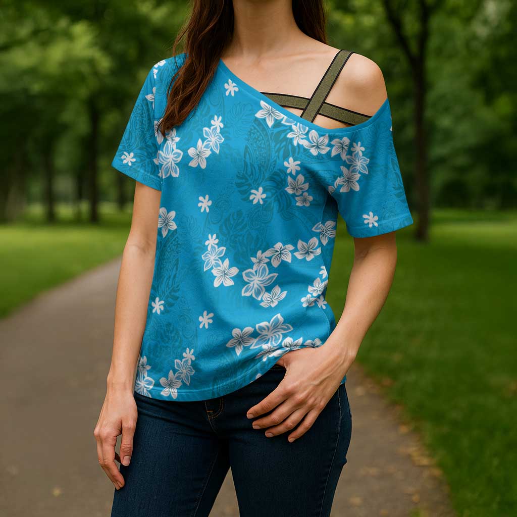 Hawaii Monstera Deliciosa Cross Shoulder Shirt Blue Plumeria Polynesian Pattern - Polynesian Pride