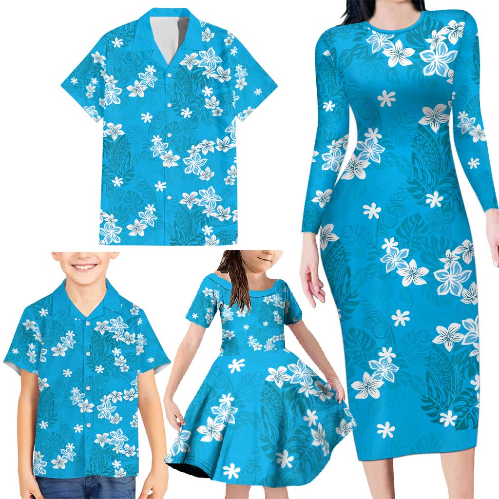 Hawaii Monstera Deliciosa Family Matching Long Sleeve Bodycon Dress and Hawaiian Shirt Blue Plumeria Polynesian Pattern - Polynesian Pride