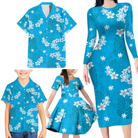 Hawaii Monstera Deliciosa Family Matching Long Sleeve Bodycon Dress and Hawaiian Shirt Blue Plumeria Polynesian Pattern - Polynesian Pride