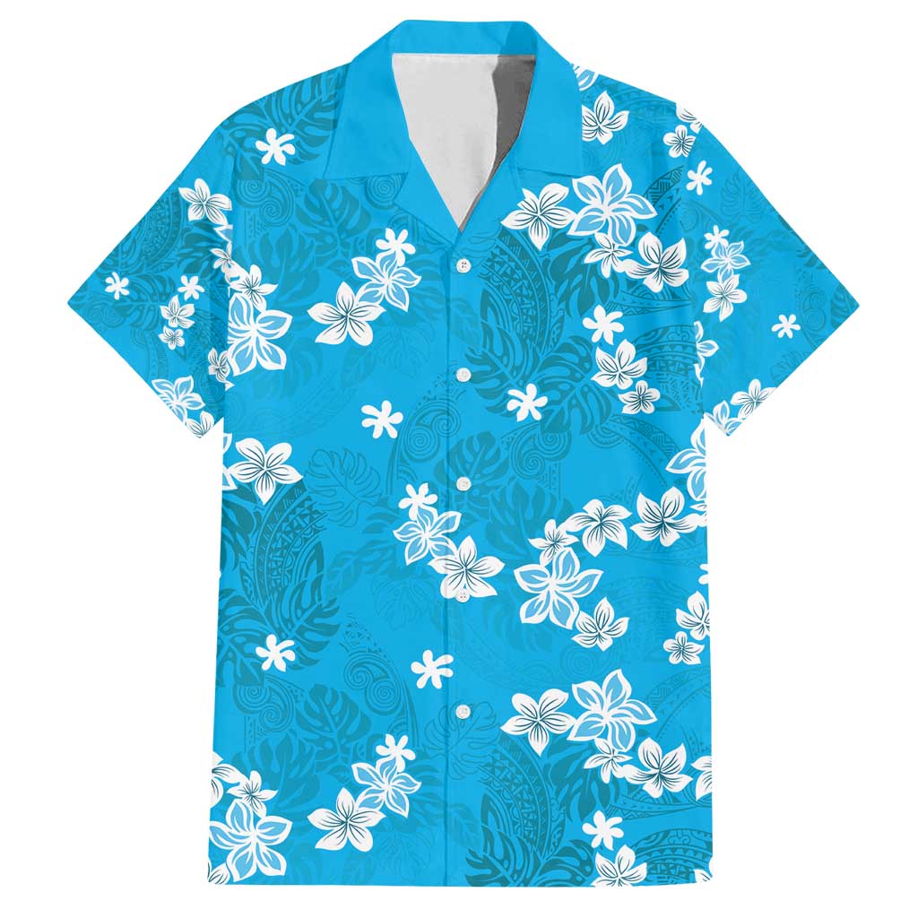 Hawaii Monstera Deliciosa Family Matching Long Sleeve Bodycon Dress and Hawaiian Shirt Blue Plumeria Polynesian Pattern - Polynesian Pride