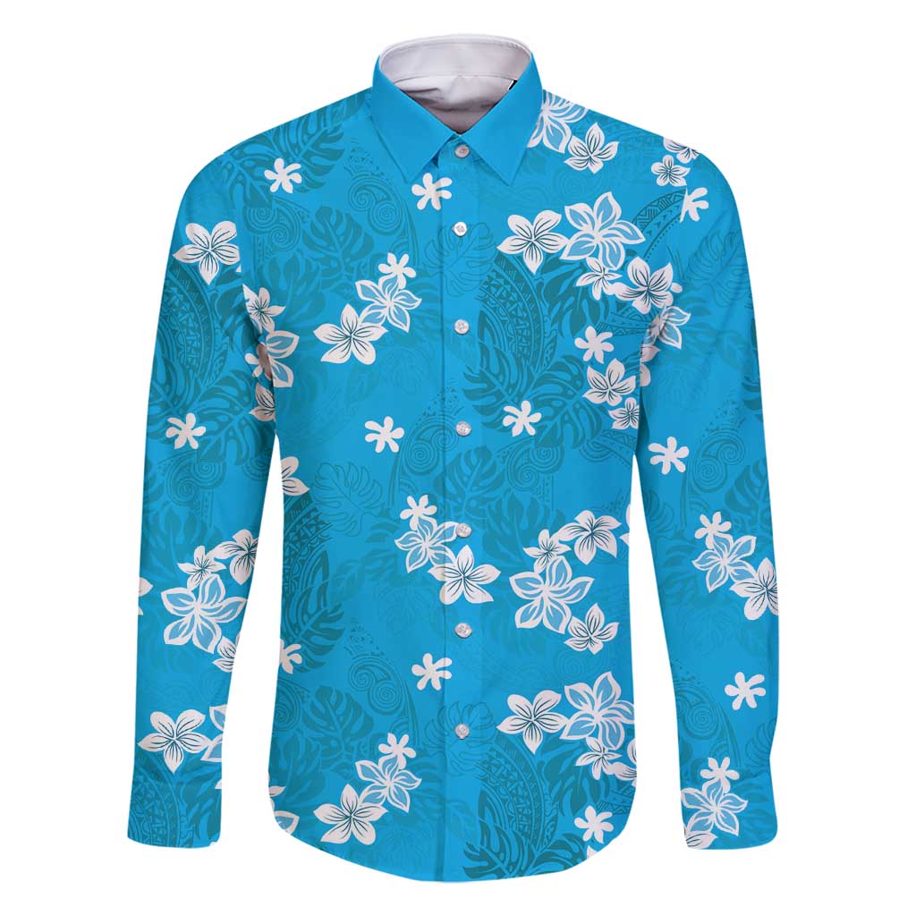 Hawaii Monstera Deliciosa Family Matching Long Sleeve Bodycon Dress and Hawaiian Shirt Blue Plumeria Polynesian Pattern - Polynesian Pride