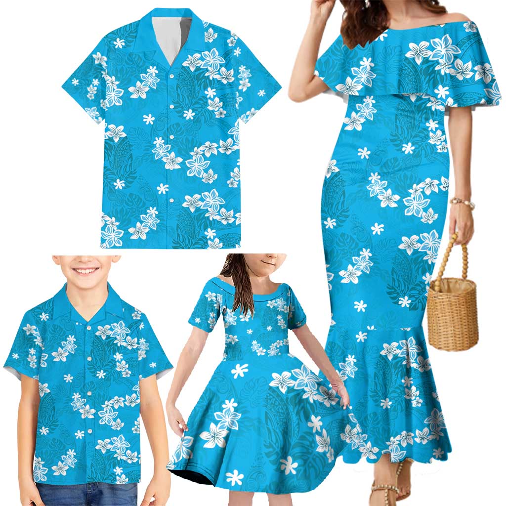 Hawaii Monstera Deliciosa Family Matching Mermaid Dress and Hawaiian Shirt Blue Plumeria Polynesian Pattern - Polynesian Pride