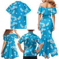 Hawaii Monstera Deliciosa Family Matching Mermaid Dress and Hawaiian Shirt Blue Plumeria Polynesian Pattern - Polynesian Pride