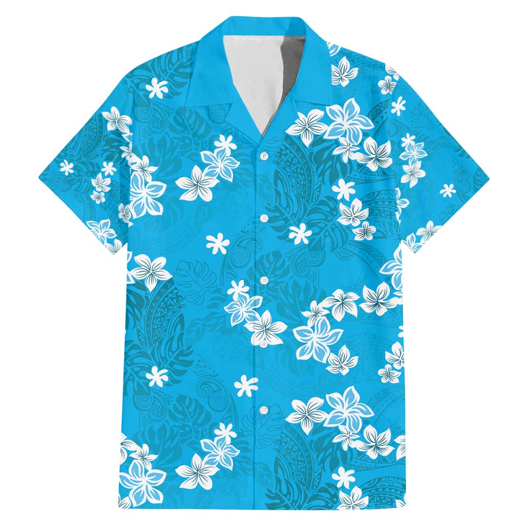Hawaii Monstera Deliciosa Family Matching Mermaid Dress and Hawaiian Shirt Blue Plumeria Polynesian Pattern - Polynesian Pride