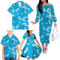 Hawaii Monstera Deliciosa Family Matching Off The Shoulder Long Sleeve Dress and Hawaiian Shirt Blue Plumeria Polynesian Pattern - Polynesian Pride