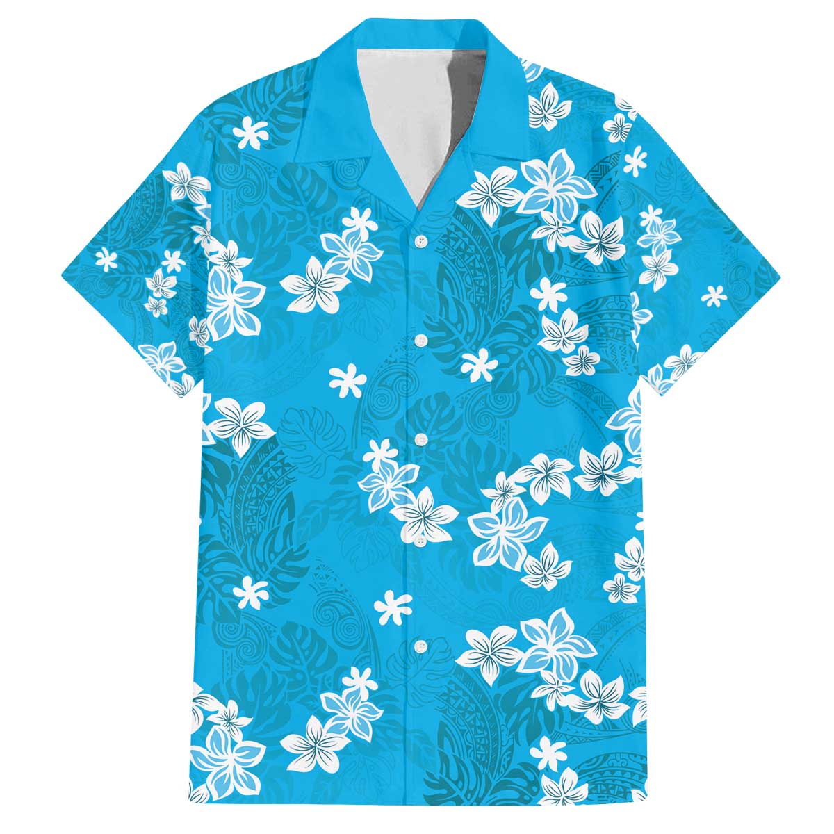 Hawaii Monstera Deliciosa Family Matching Off The Shoulder Long Sleeve Dress and Hawaiian Shirt Blue Plumeria Polynesian Pattern - Polynesian Pride