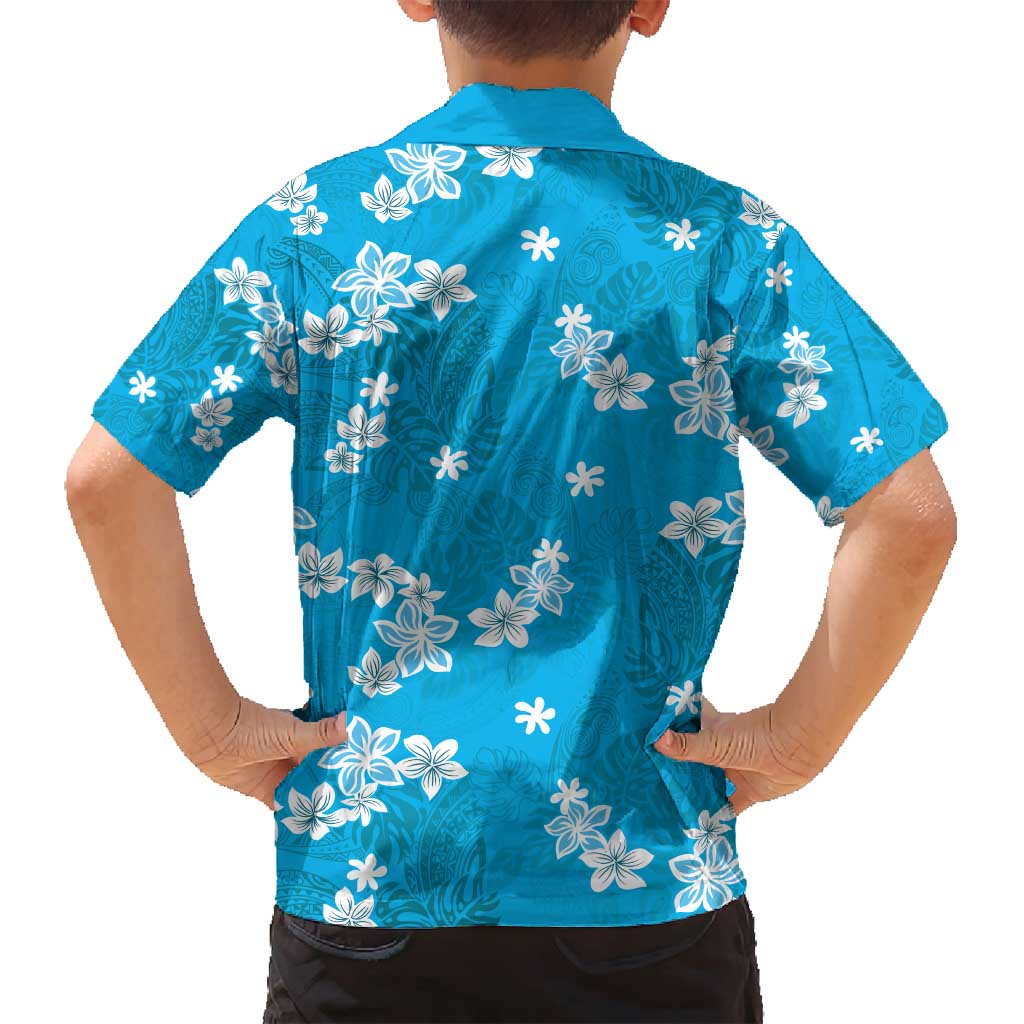 Hawaii Monstera Deliciosa Family Matching Off Shoulder Maxi Dress and Hawaiian Shirt Blue Plumeria Polynesian Pattern - Polynesian Pride