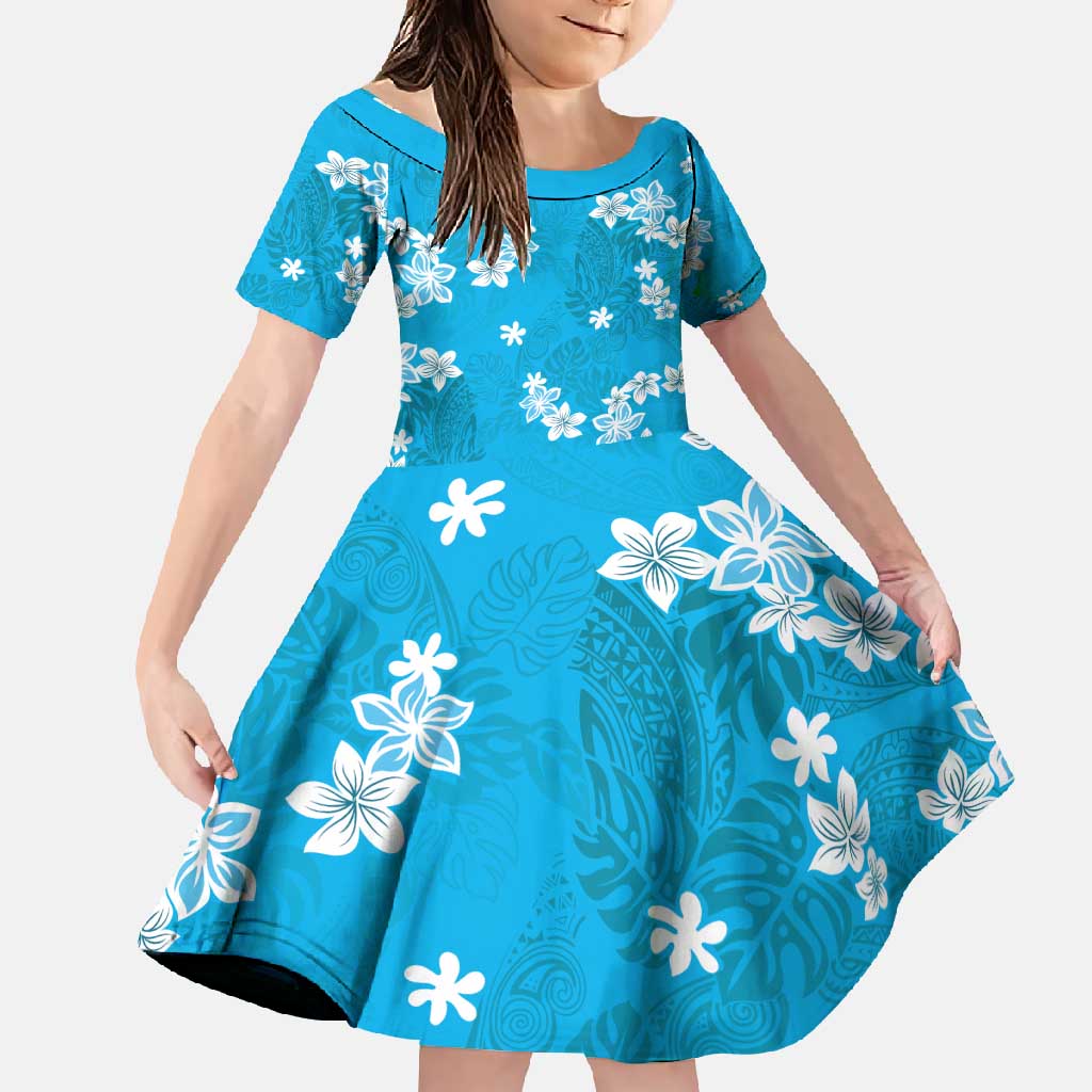 Hawaii Monstera Deliciosa Family Matching Off Shoulder Maxi Dress and Hawaiian Shirt Blue Plumeria Polynesian Pattern - Polynesian Pride