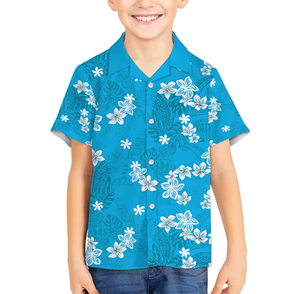 Hawaii Monstera Deliciosa Family Matching Off Shoulder Maxi Dress and Hawaiian Shirt Blue Plumeria Polynesian Pattern - Polynesian Pride