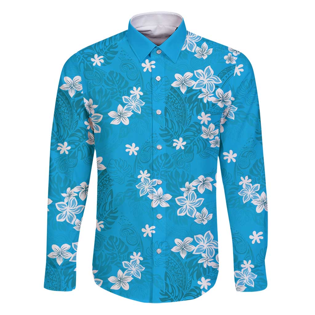 Hawaii Monstera Deliciosa Family Matching Puletasi and Hawaiian Shirt Blue Plumeria Polynesian Pattern - Polynesian Pride