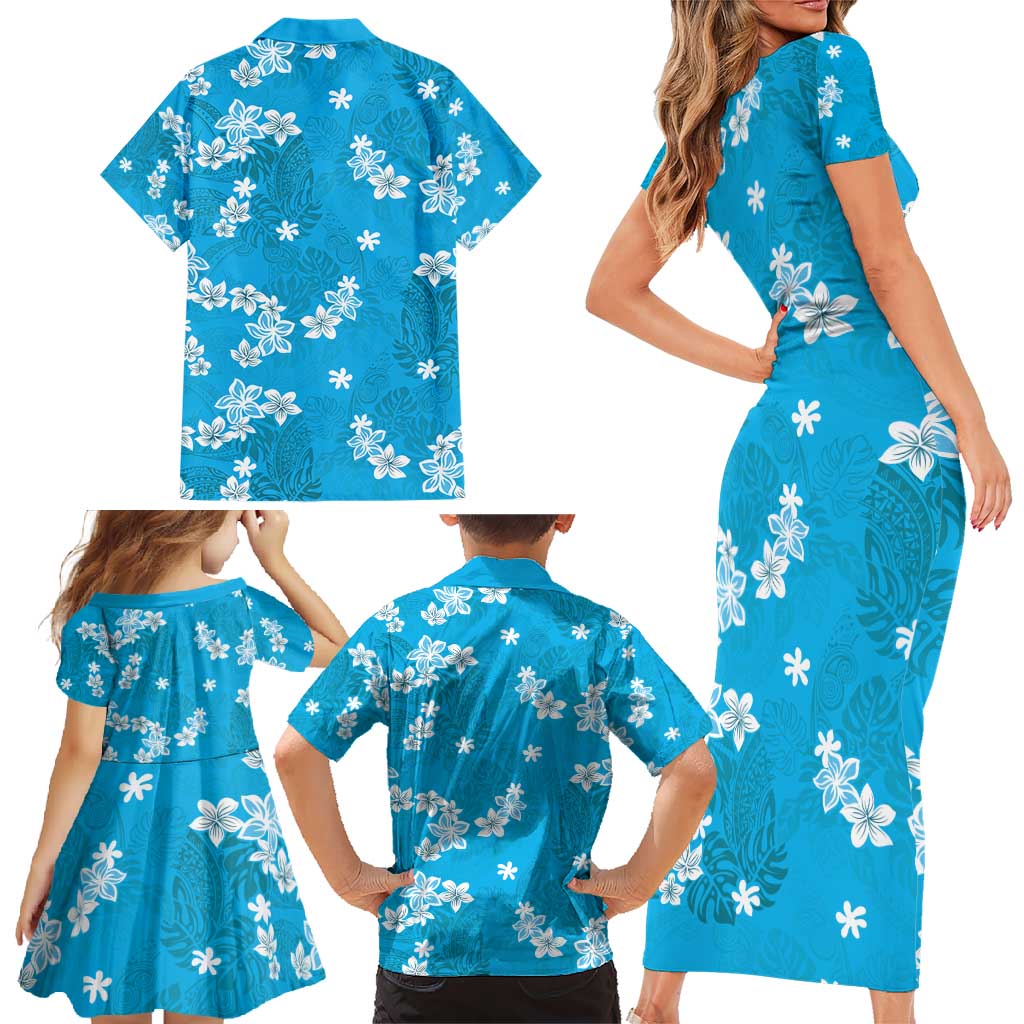 Hawaii Monstera Deliciosa Family Matching Short Sleeve Bodycon Dress and Hawaiian Shirt Blue Plumeria Polynesian Pattern - Polynesian Pride