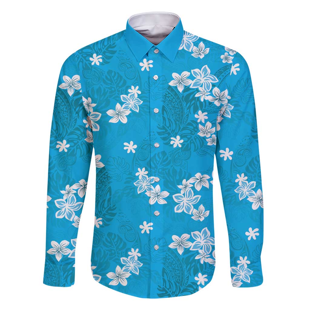 Hawaii Monstera Deliciosa Family Matching Short Sleeve Bodycon Dress and Hawaiian Shirt Blue Plumeria Polynesian Pattern - Polynesian Pride