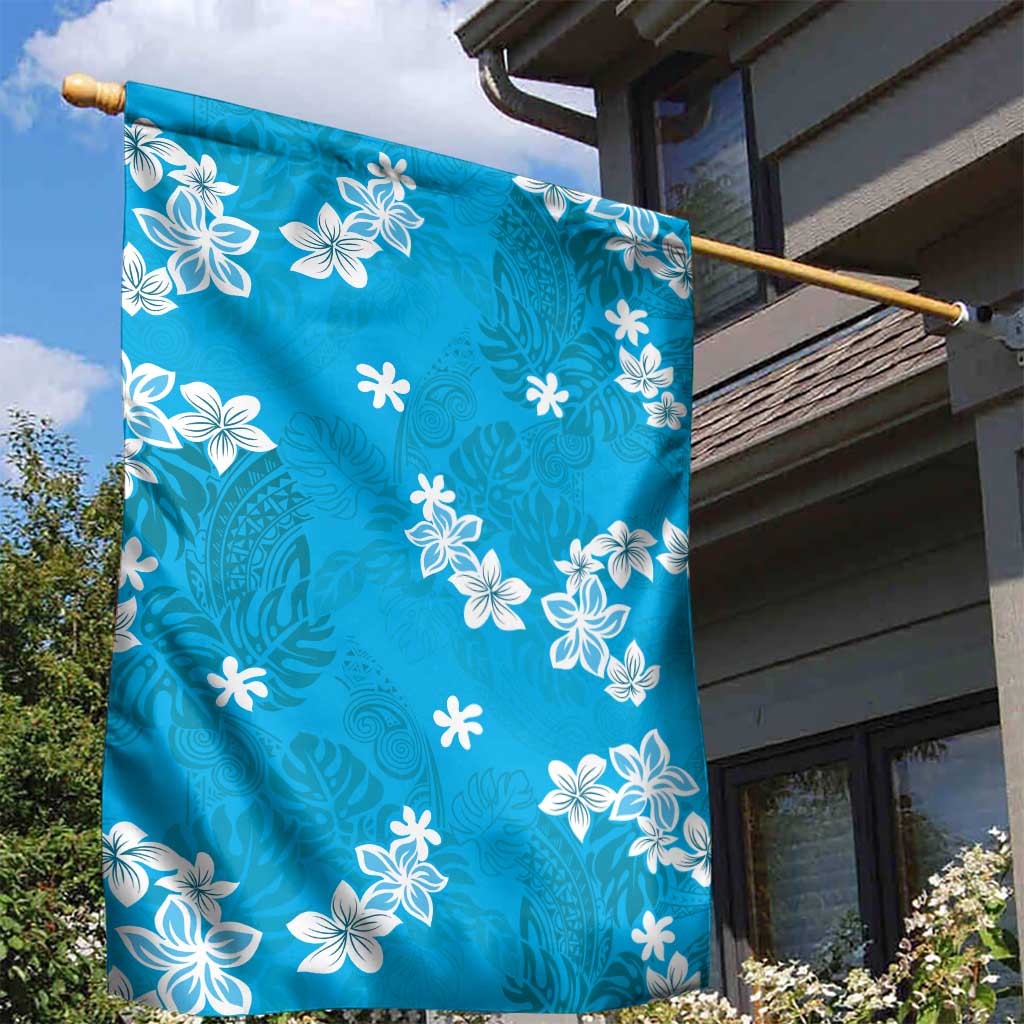 Hawaii Monstera Deliciosa Garden Flag Blue Plumeria Polynesian Pattern - Polynesian Pride