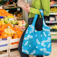 Hawaii Monstera Deliciosa Grocery Bag Blue Plumeria Polynesian Pattern - Polynesian Pride