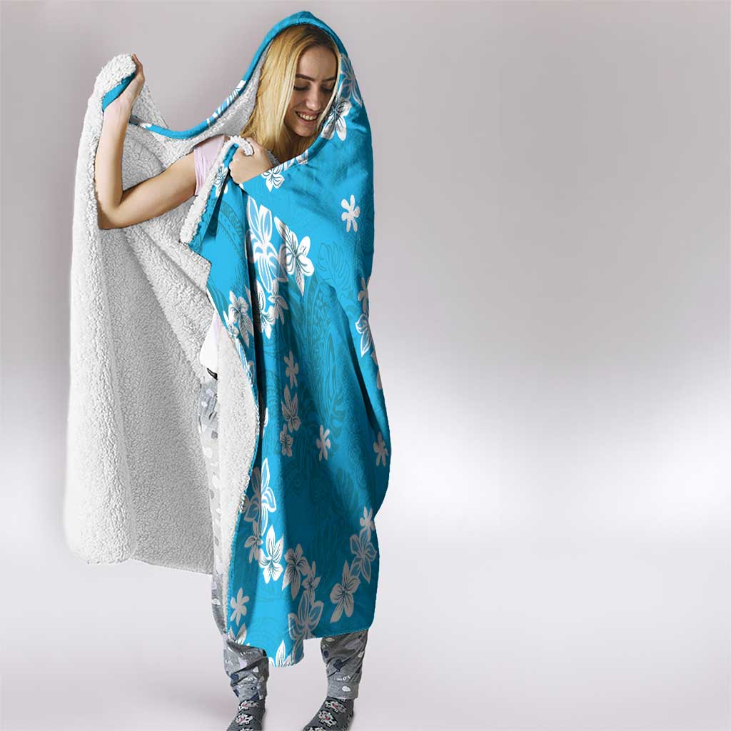 Hawaii Monstera Deliciosa Hooded Blanket Blue Plumeria Polynesian Pattern - Polynesian Pride