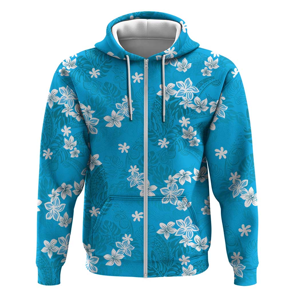 Hawaii Monstera Deliciosa Hoodie Blue Plumeria Polynesian Pattern - Polynesian Pride