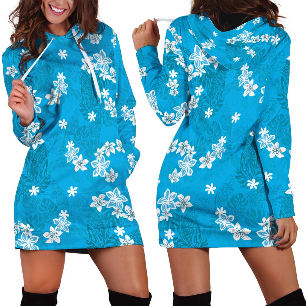 Hawaii Monstera Deliciosa Hoodie Dress Blue Plumeria Polynesian Pattern - Polynesian Pride