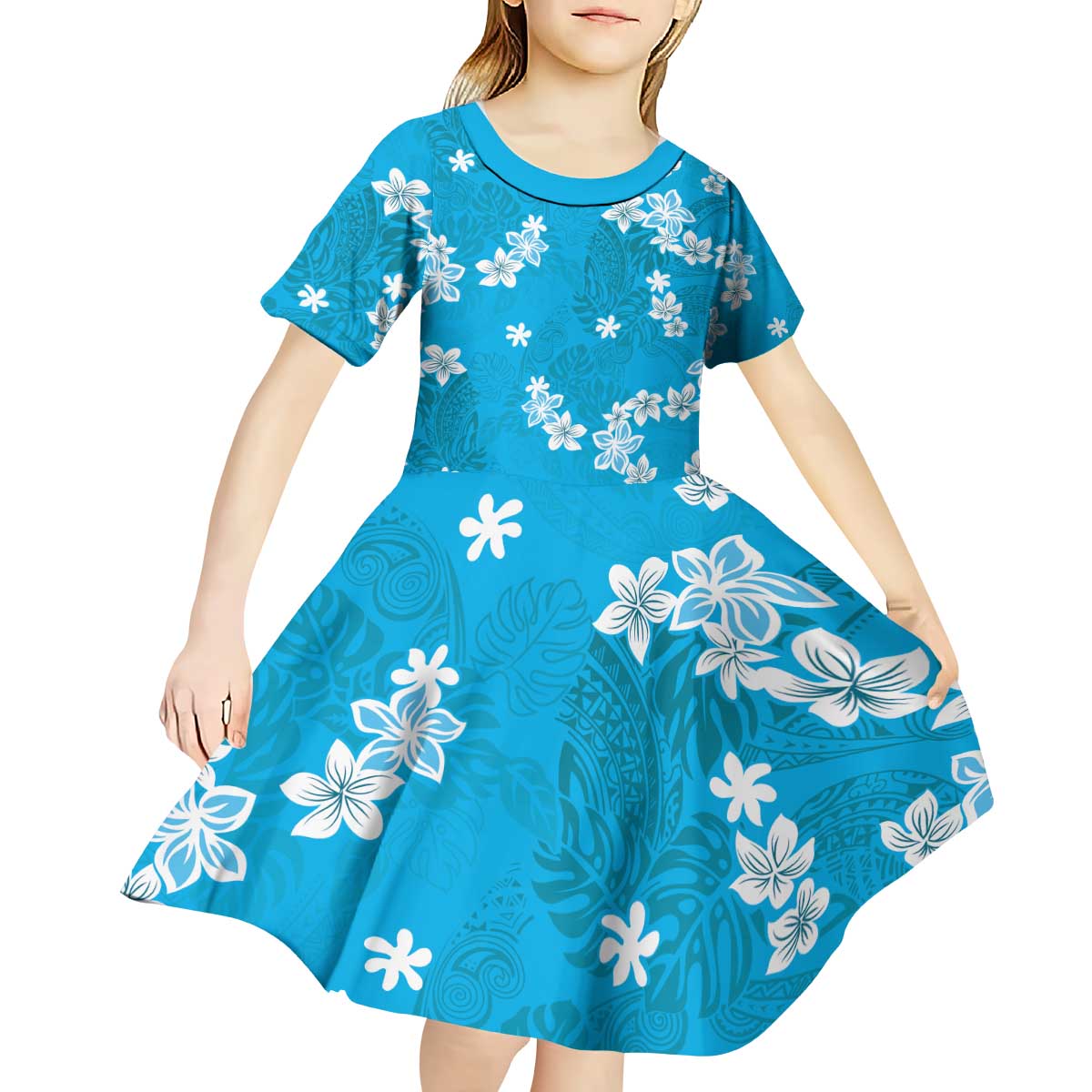 Hawaii Monstera Deliciosa Kid Short Sleeve Dress Blue Plumeria Polynesian Pattern - Polynesian Pride