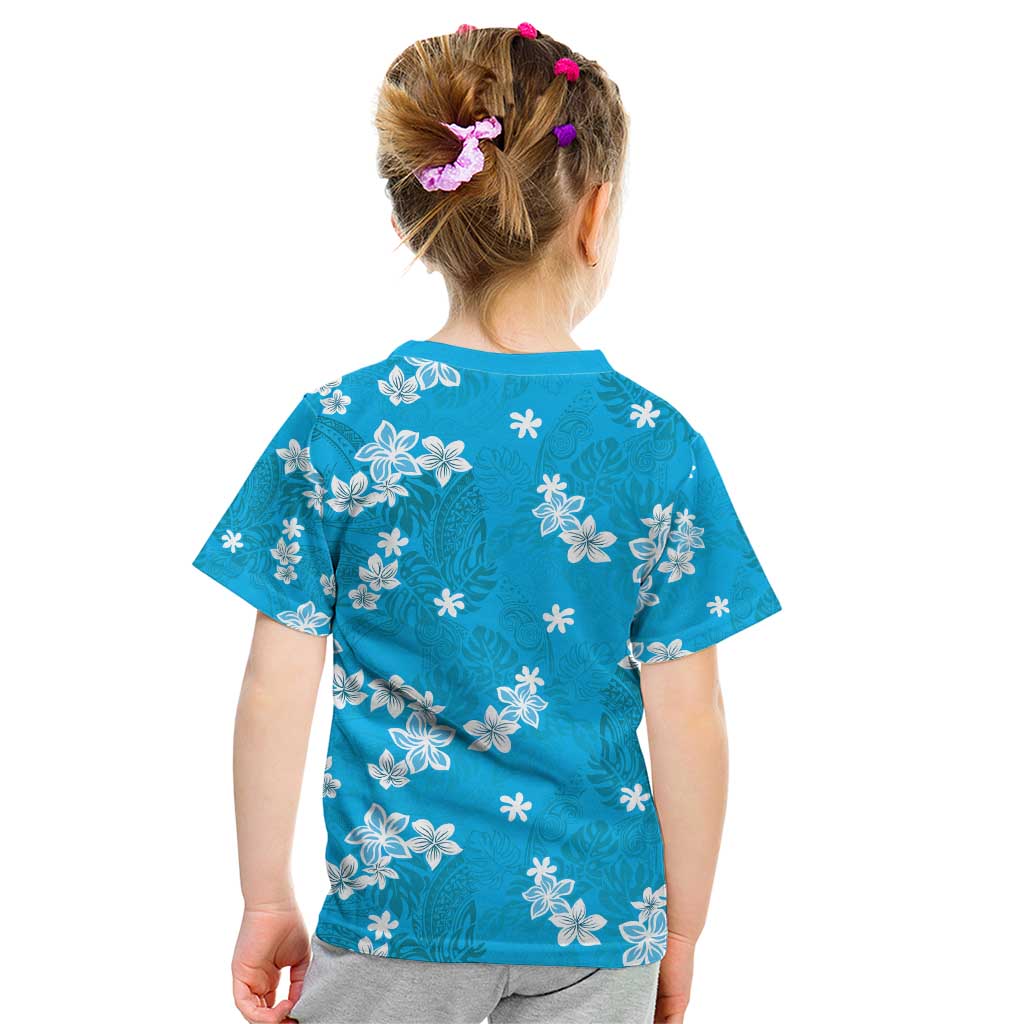 Hawaii Monstera Deliciosa Kid T Shirt Blue Plumeria Polynesian Pattern - Polynesian Pride