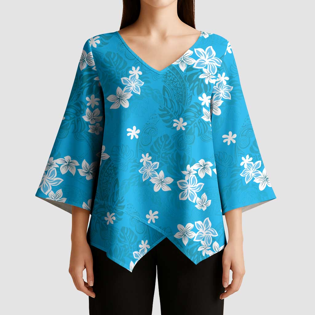 Hawaii Monstera Deliciosa Kimono Sleeve Blouse Blue Plumeria Polynesian Pattern - Polynesian Pride