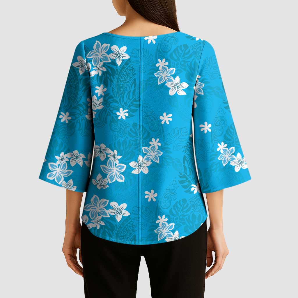 Hawaii Monstera Deliciosa Kimono Sleeve Blouse Blue Plumeria Polynesian Pattern - Polynesian Pride