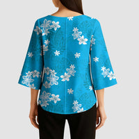 Hawaii Monstera Deliciosa Kimono Sleeve Blouse Blue Plumeria Polynesian Pattern - Polynesian Pride