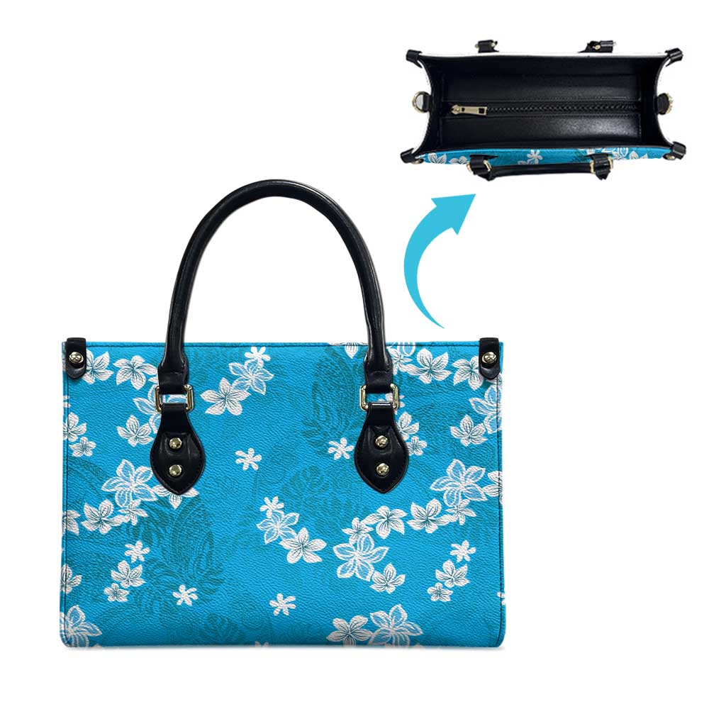 Hawaii Monstera Deliciosa Leather Bag Blue Plumeria Polynesian Pattern - Polynesian Pride