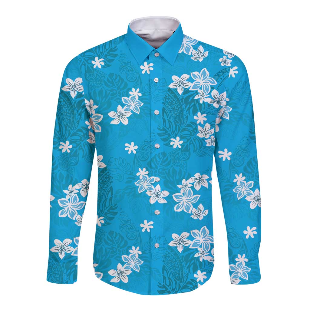 Hawaii Monstera Deliciosa Long Sleeve Button Shirt Blue Plumeria Polynesian Pattern - Polynesian Pride