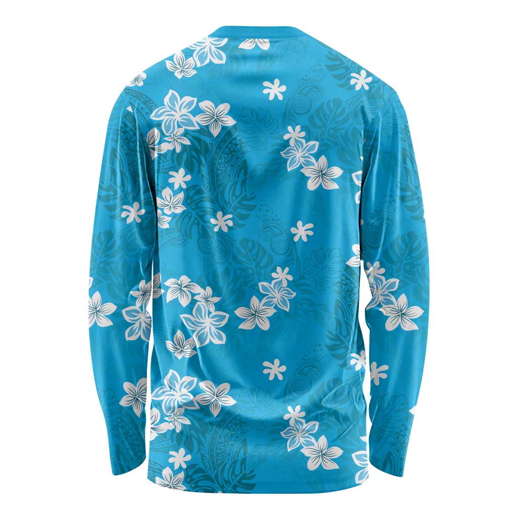 Hawaii Monstera Deliciosa Long Sleeve Shirt Blue Plumeria Polynesian Pattern - Polynesian Pride