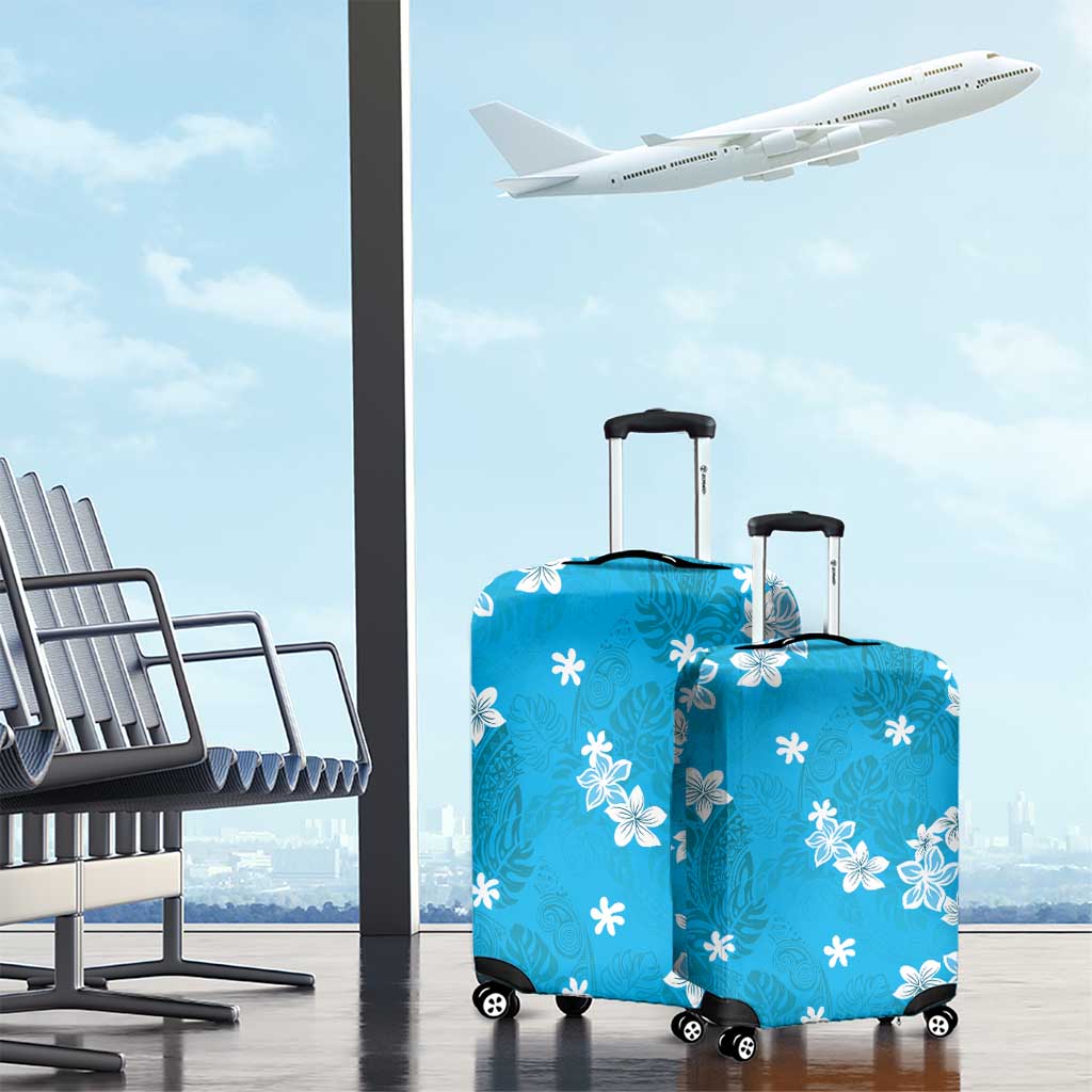 Hawaii Monstera Deliciosa Luggage Cover Blue Plumeria Polynesian Pattern - Polynesian Pride