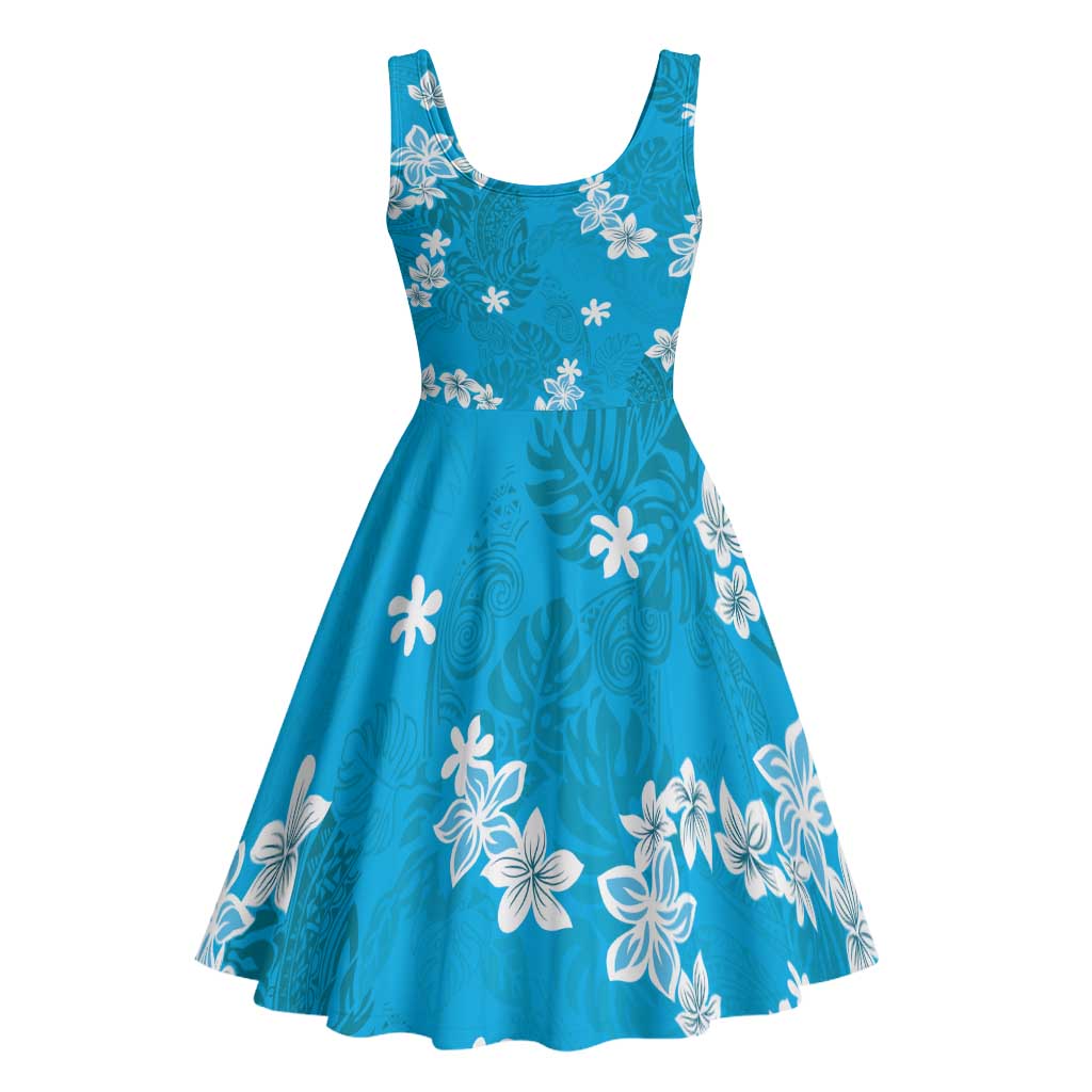 Hawaii Monstera Deliciosa Midi Dress Blue Plumeria Polynesian Pattern - Polynesian Pride