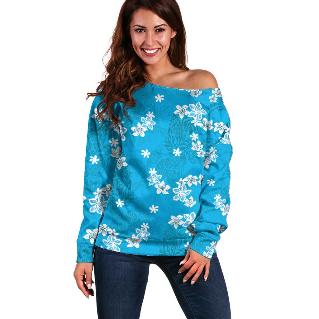 Hawaii Monstera Deliciosa Off Shoulder Sweater Blue Plumeria Polynesian Pattern - Polynesian Pride
