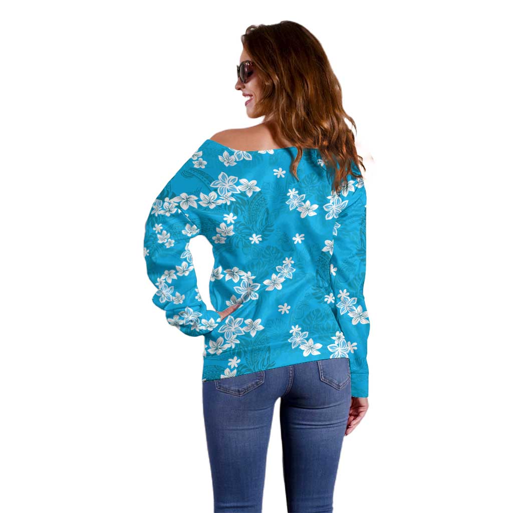Hawaii Monstera Deliciosa Off Shoulder Sweater Blue Plumeria Polynesian Pattern - Polynesian Pride